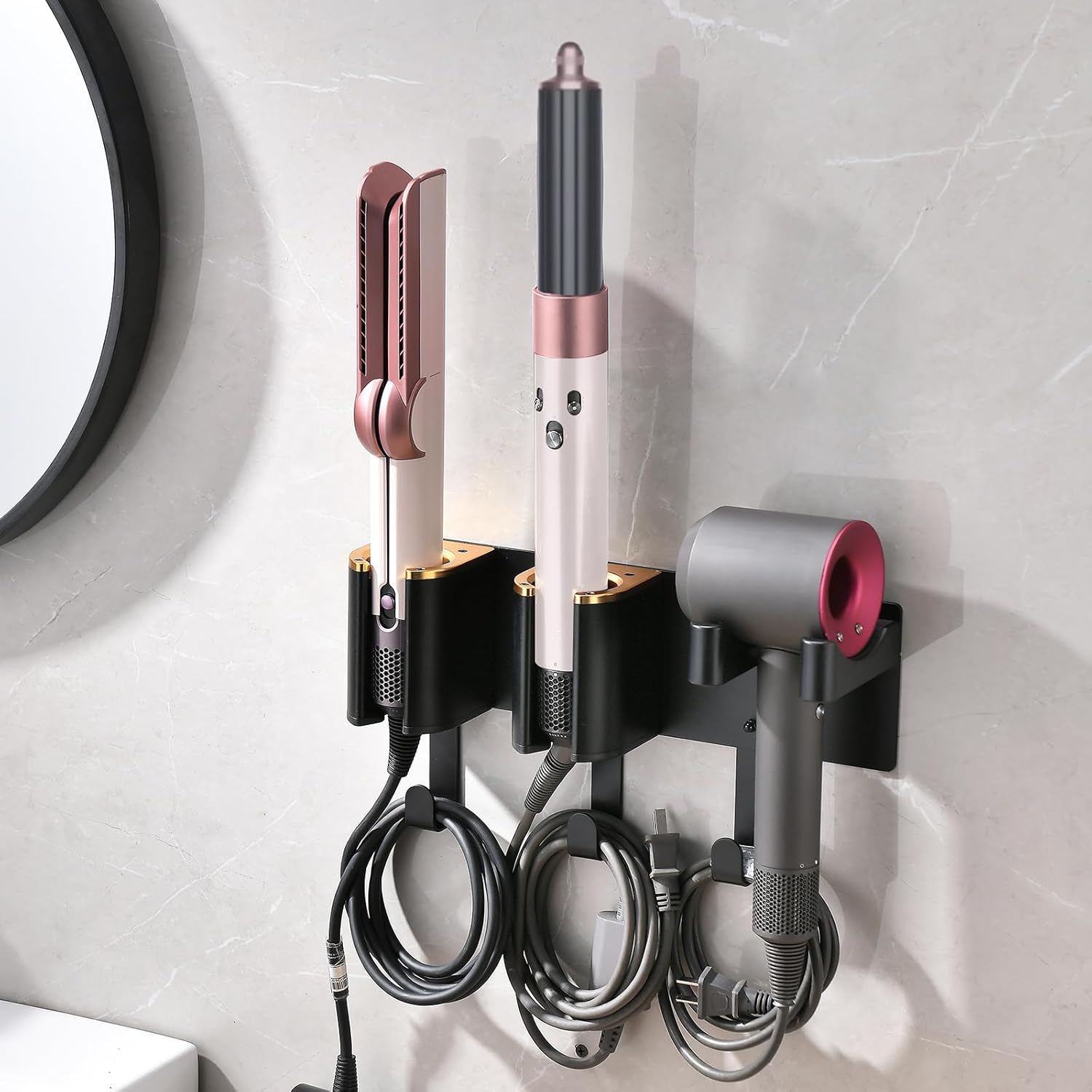 Hair Tools Organizer Holder, Wall-Mounted Holder for Blow Dryer Curling Iron Flat Iron, Metal & ABS Plastic, Black&Gold (Not Including Hair Tools)