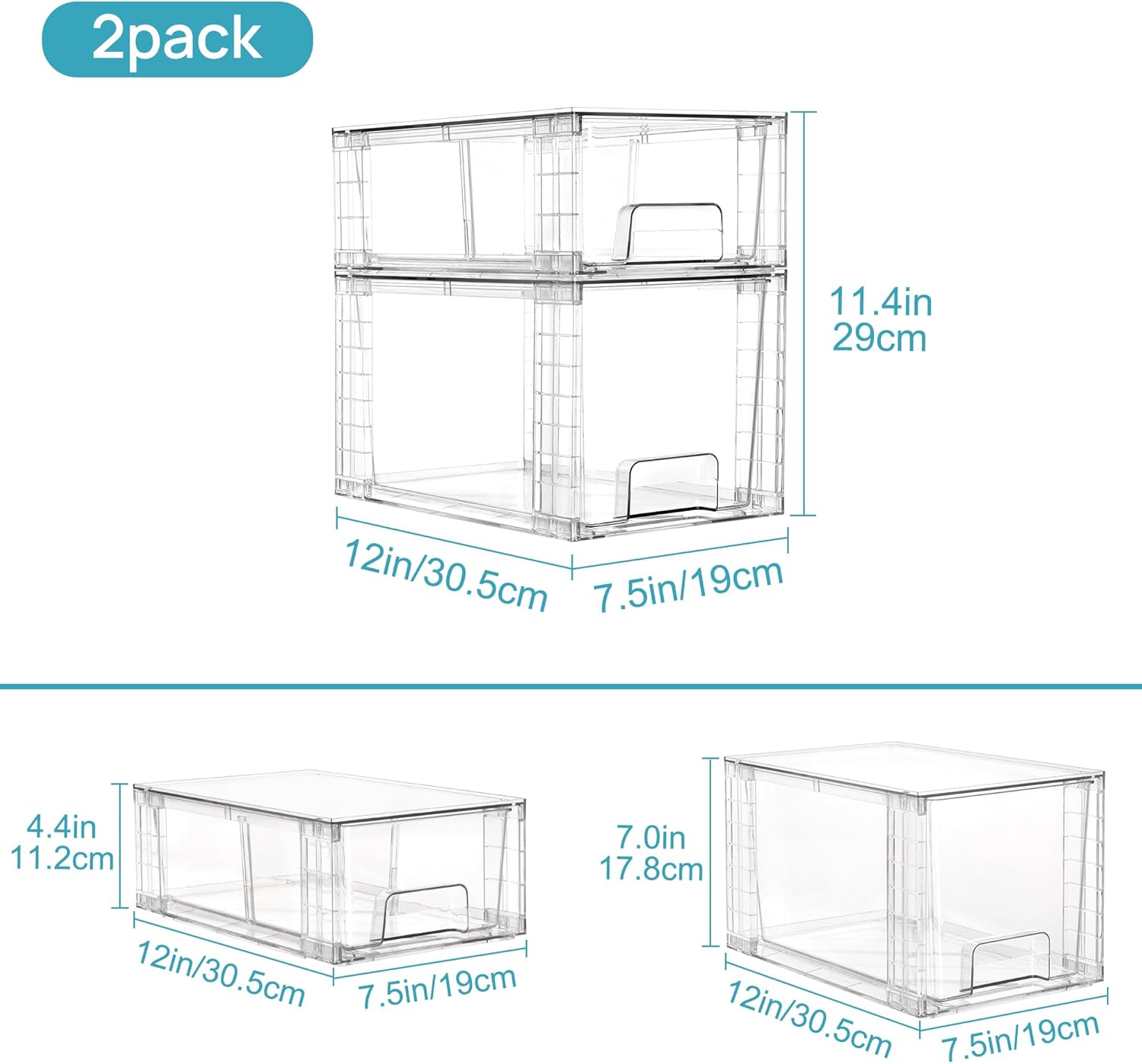 Vtopmart 4 Pack Clear Stackable Storage Drawers,Under Sink and Kitchen Organizers Storage,Easy to Assemble Plastic Drawers for Baby Bottle,Medicine, Bathroom,Cabinet and Pantry Organization
