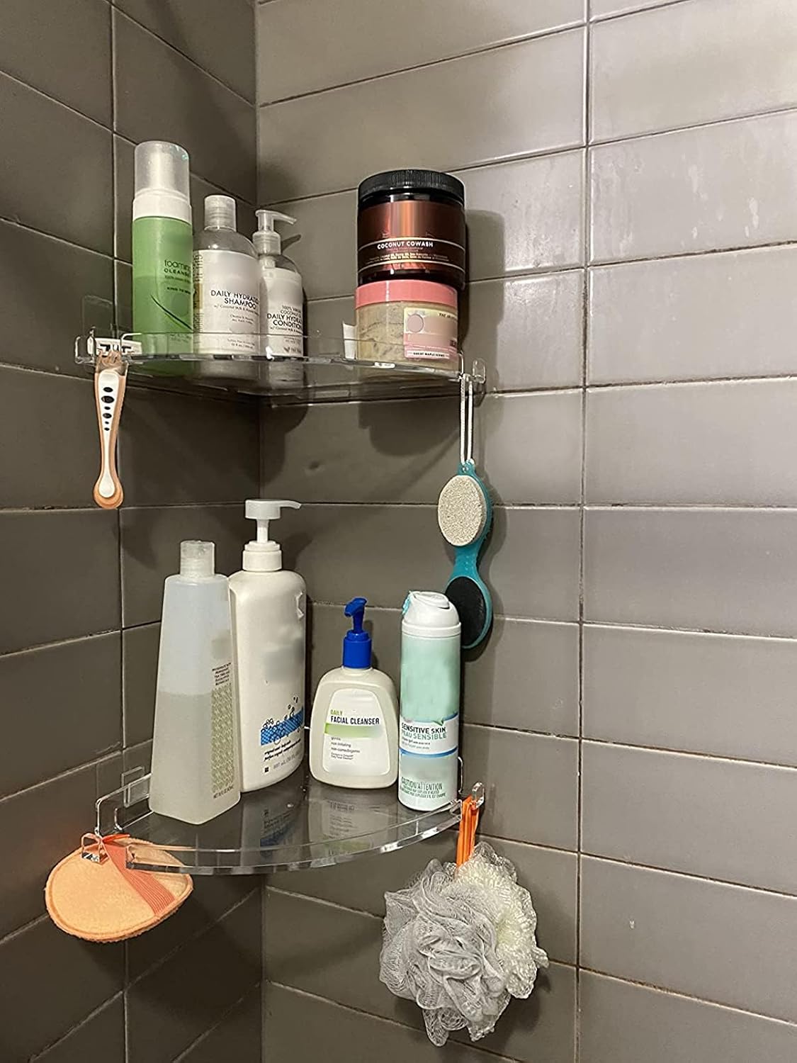 JiePai Acrylic Corner Shower Caddy Shelf with Hooks 2 Pack, Adhesive Wall Mounted Bathroom Shower Organizer for Inside Shower & Kitchen Storage, Space-Saving Design