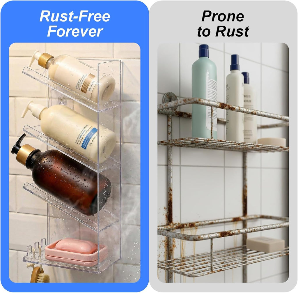 Acrylic Shower Shelves, 2 Pack Clear Wall Mounted Shower Caddy, Combination Shower Wall Organizer with Suction Cup Rustproof No Drilling