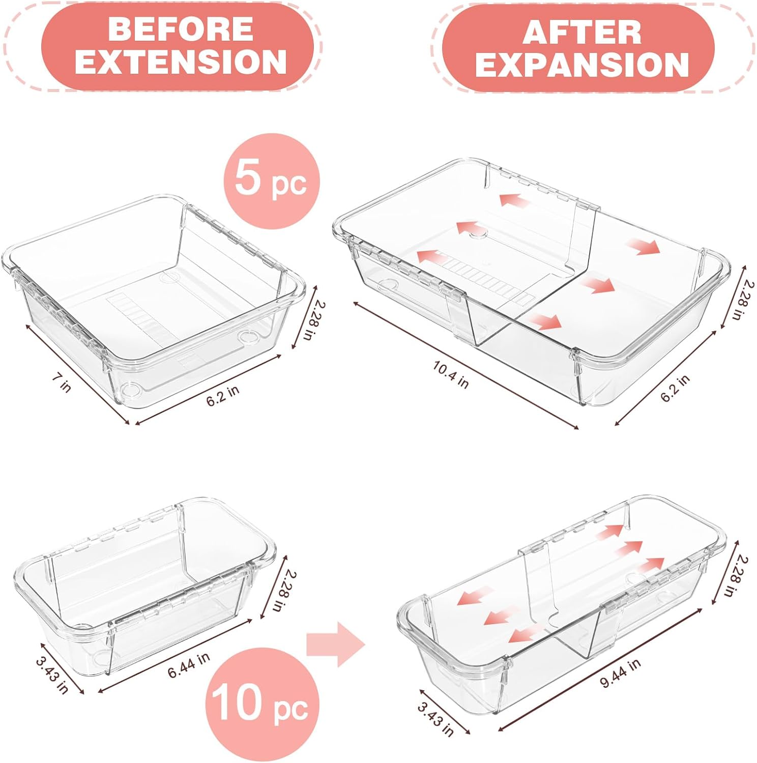 15 Pcs Extendable Clear Drawer Organizer, All Adjustable Vanity Storage Box, 2-Size Desk Drawer Organizer, Acrylic Storage Bins for Makeup, Cosmetic, Bedroom Dressers Tool Organizer for Gadgets