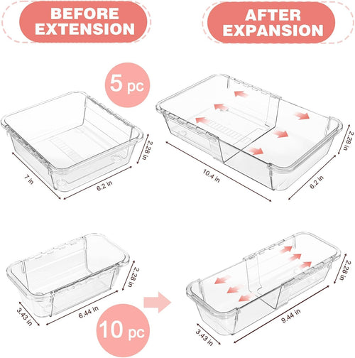 15 Pcs Extendable Clear Drawer Organizer, All Adjustable Vanity Storage Box, 2-Size Desk Drawer Organizer, Acrylic Storage Bins for Makeup, Cosmetic, Bedroom Dressers Tool Organizer for Gadgets