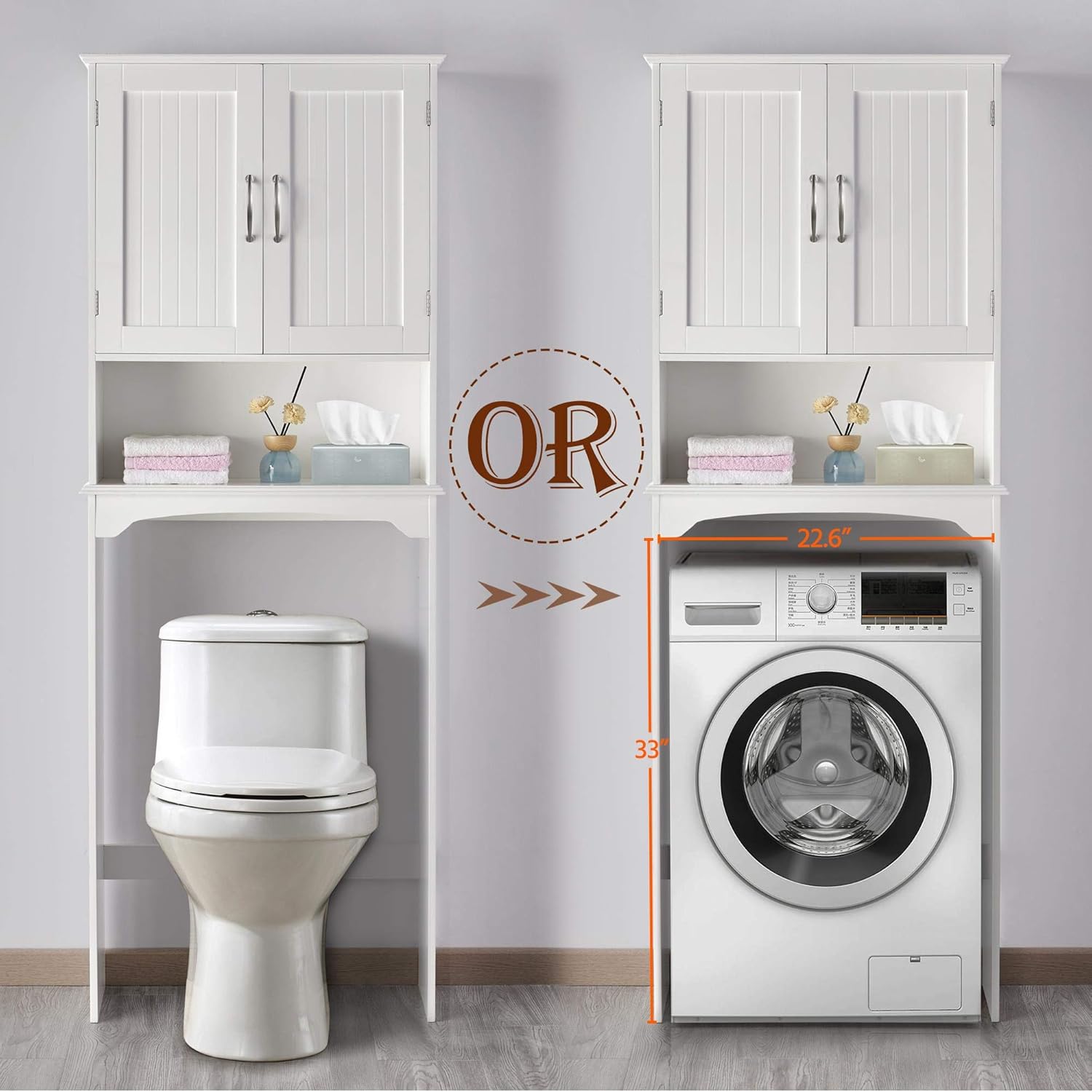 Yaheetech Over The Toilet Cabinet, Double Door Bathroom Storage Organizer, Toilet Rack with Inner Adjustable Shelf and Open Storage Shelf, White