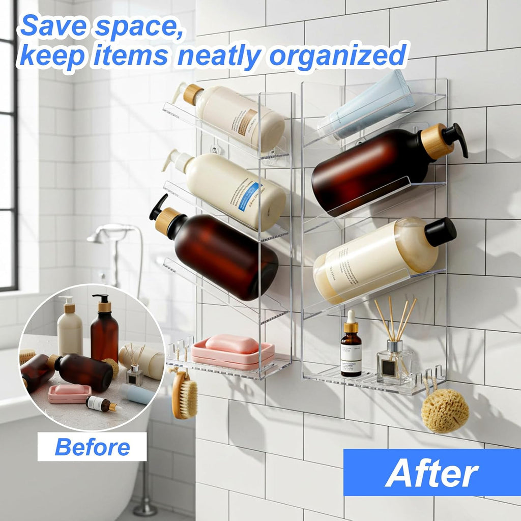 Acrylic Shower Shelves, 2 Pack Clear Wall Mounted Shower Caddy, Combination Shower Wall Organizer with Suction Cup Rustproof No Drilling