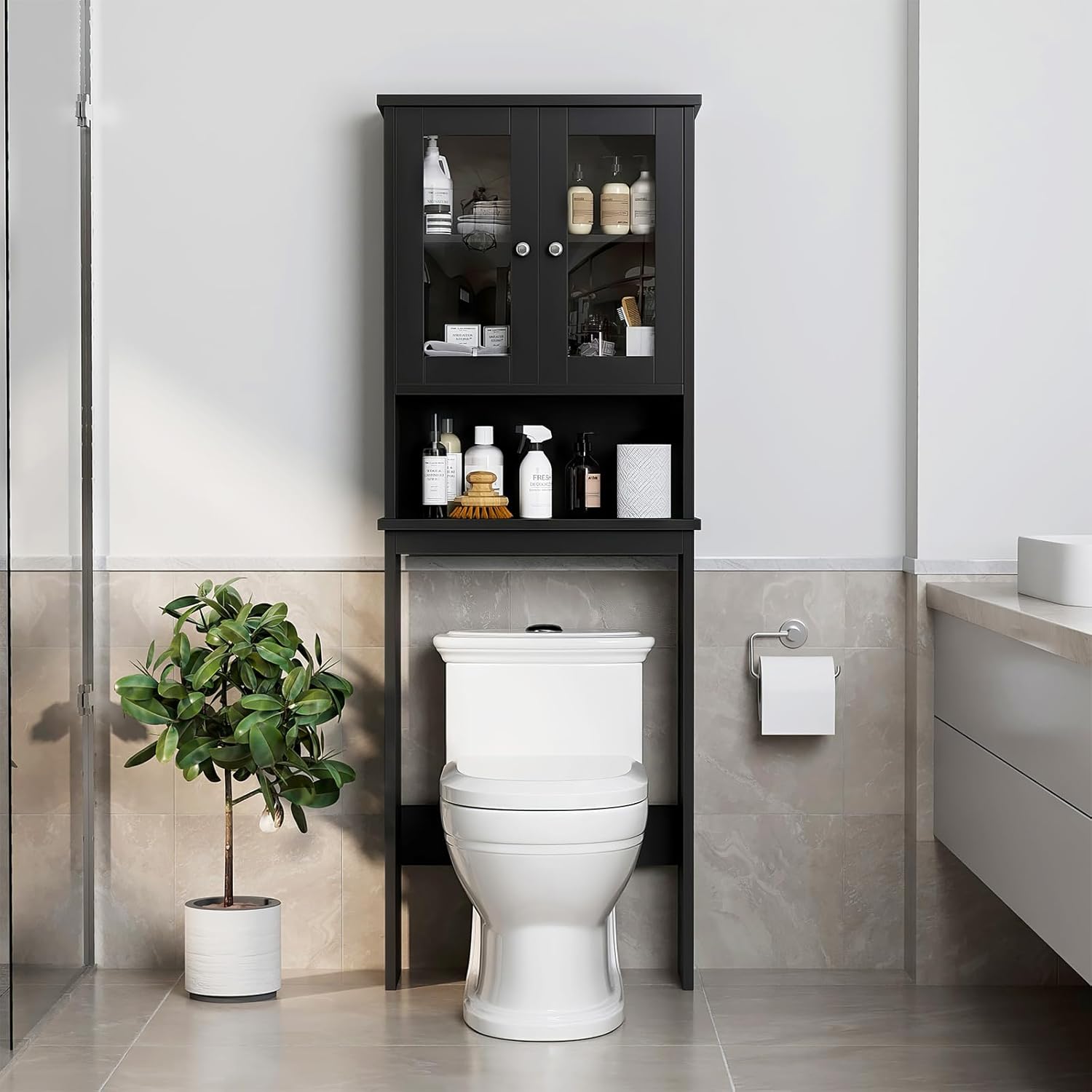 Meilocar Over The Toilet Storage Cabinet, Bathroom Storage Organizer Over Toilet, Space Saver W/Adjustable Shelf & Open Shelf, White