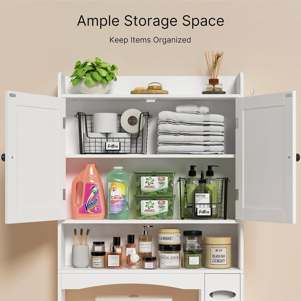 Ahomly Over The Toilet Storage Cabinet, 32.3" W Over Toilet Bathroom Organizer with Doors, Adjustable Shelves, Toilet Paper Holder, 2 Side Hooks, Space-Saver for Bathroom, Laundry, White