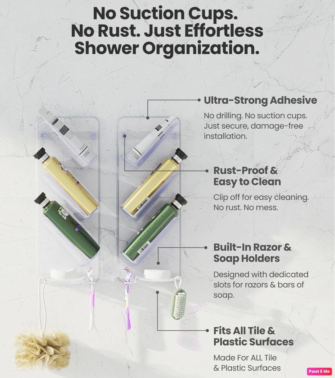 ShowerGem Easy Clean Shower Caddy, 2 Pack Durable Rustproof Bath Organizer, No Suction Cups, No Screws, Wall Mounted Adjustable Shower Rack, Acrylic Shelves As Seen On Instagram