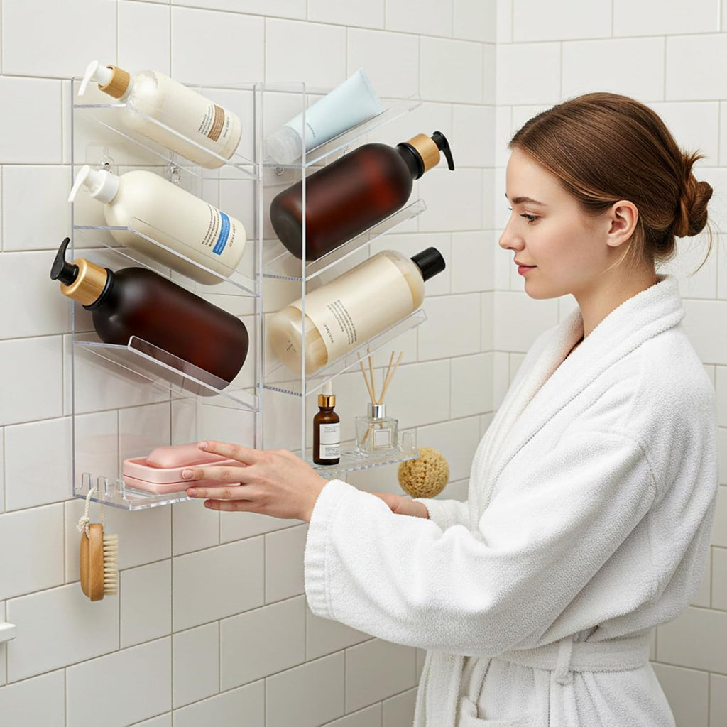 Acrylic Shower Shelves, 2 Pack Clear Wall Mounted Shower Caddy, Combination Shower Wall Organizer with Suction Cup Rustproof No Drilling