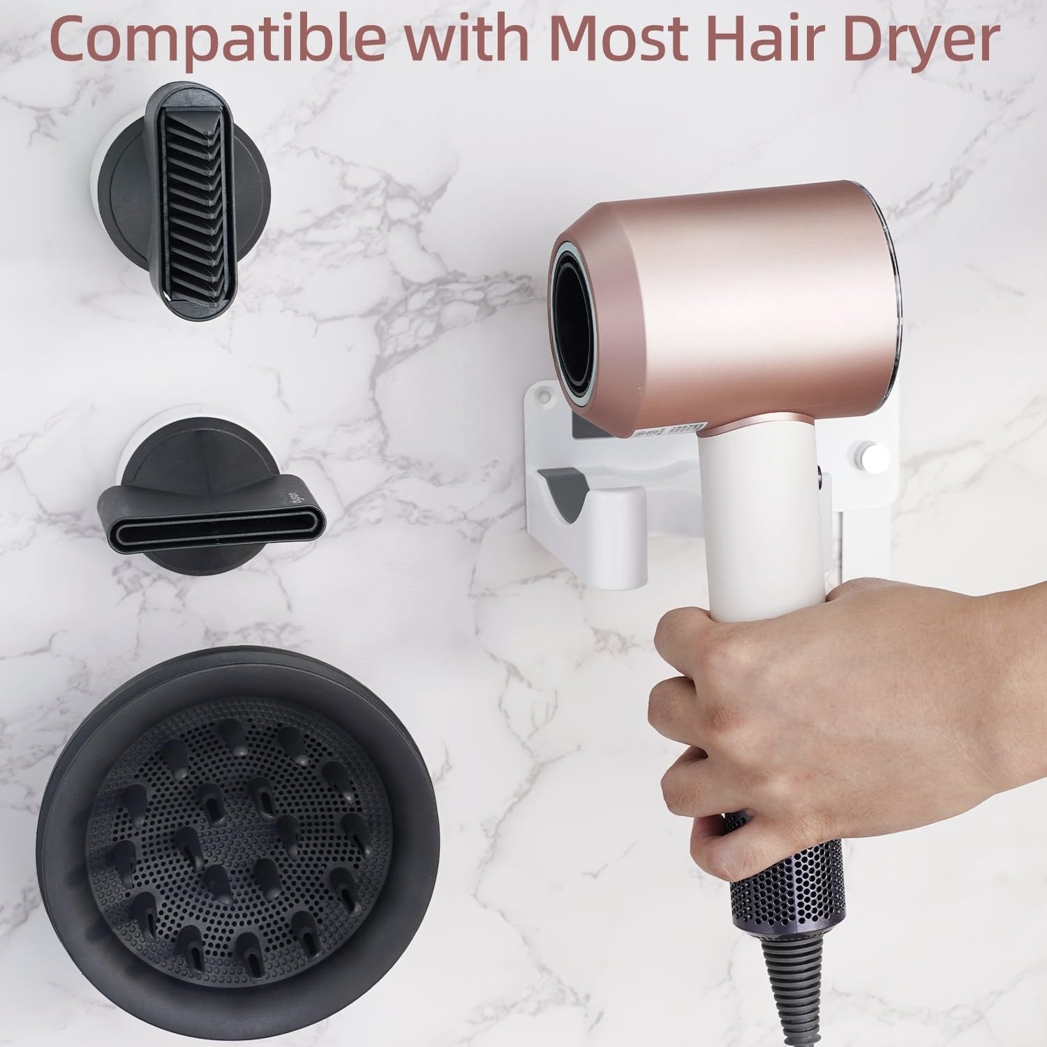Dyson Hair Dryer Holder, Wall Mounted Aluminum Alloy Hair Dryer Wall Mount for Supersonic/Nural, Dyson Blow Dryer Holder with 3 Magnetic Rings for Salon & Bathroom White UEMUSI