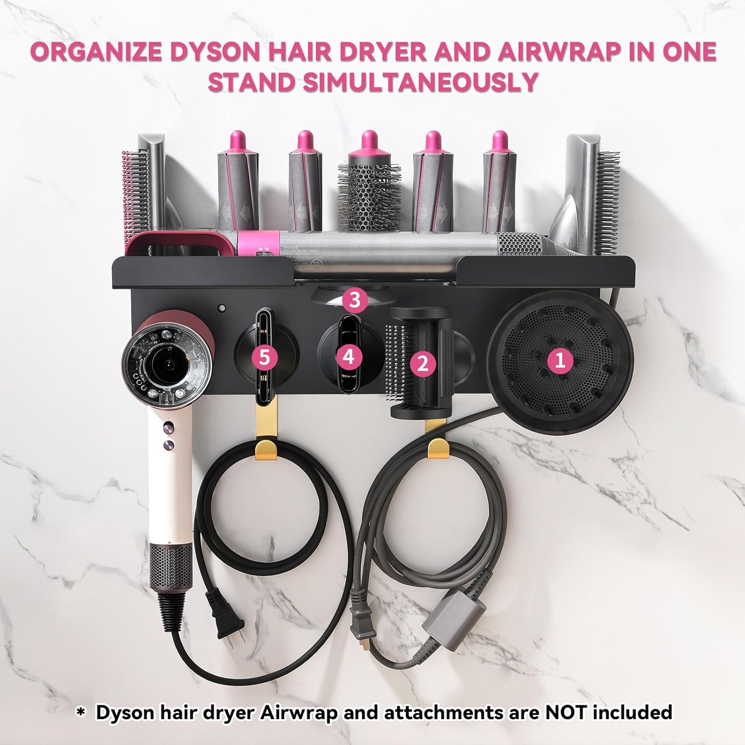Wall Mount Holder for Dyson Airwrap Styler & HD16 Hair Dryer, 2-in-1 Curling Iron Organizer with Hooks, Magnetic Storage Rack for Accessories Nozzles Barrels Brushes