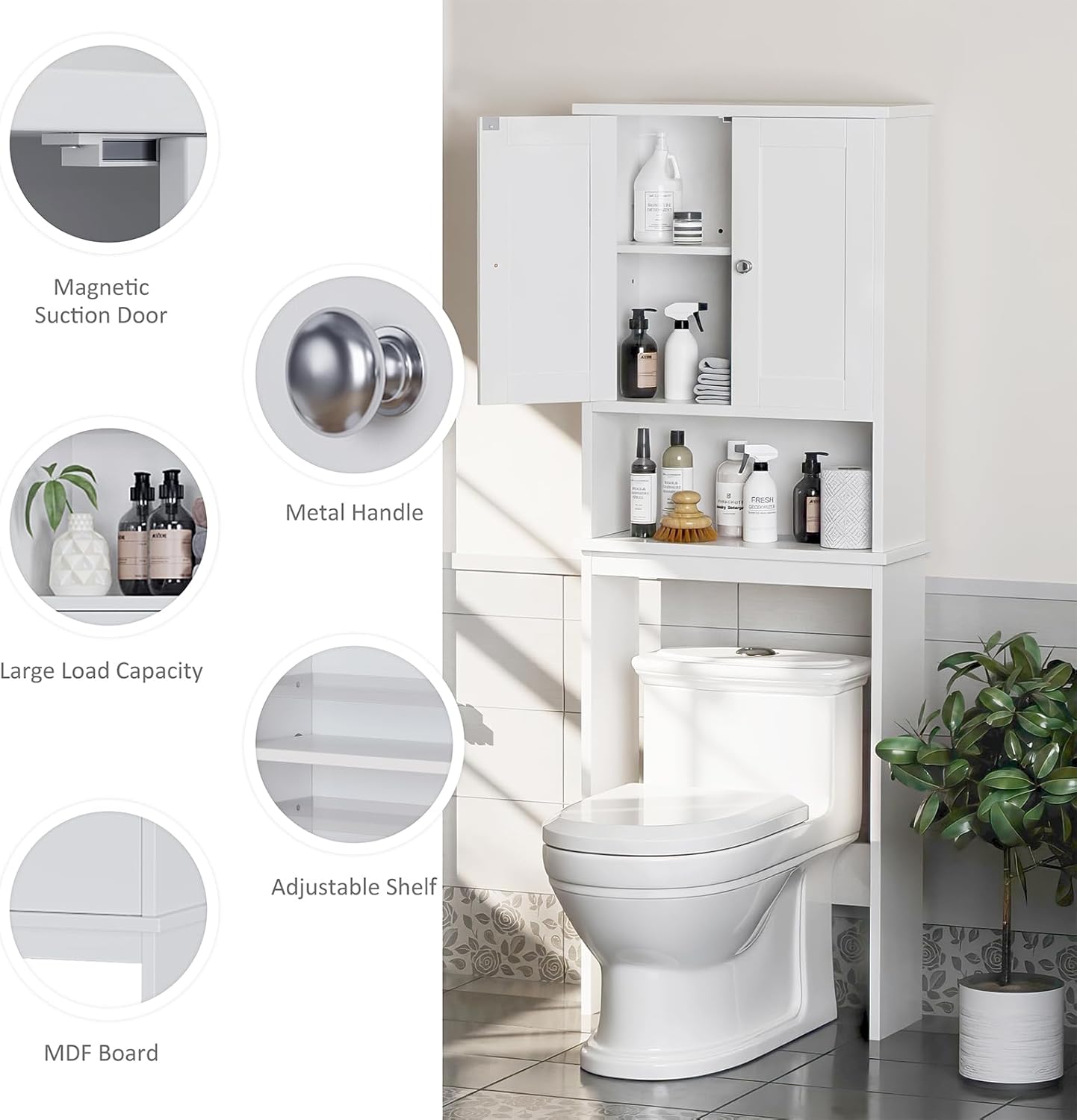 Meilocar Over The Toilet Storage Cabinet, Bathroom Storage Organizer Over Toilet, Space Saver W/Adjustable Shelf & Open Shelf, White