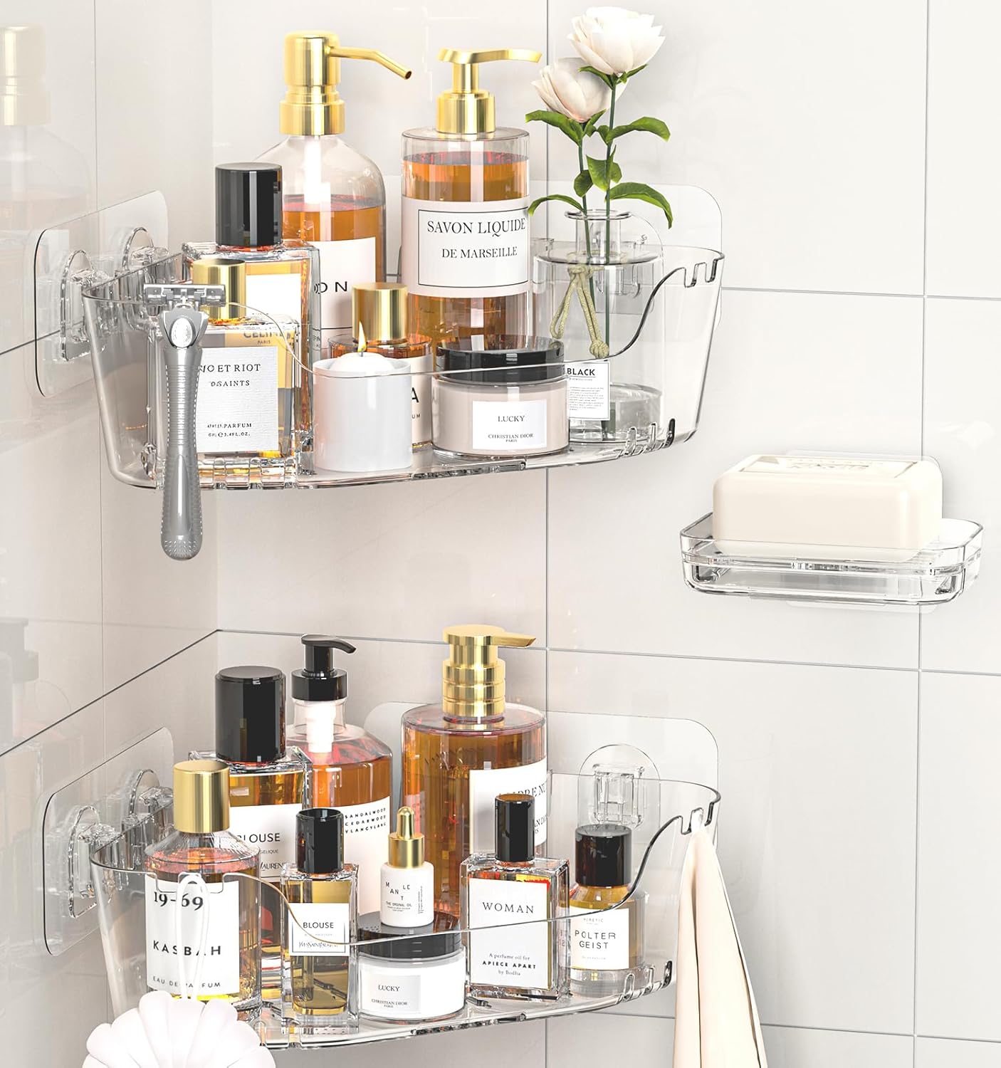 Shower Shelves, 5 Pack Adhesive Clear Acrylic Bathroom Shower Organizer Caddy, Transparent No Drilling Wall Mount Bathroom Storage with Soap Holder and Hooks