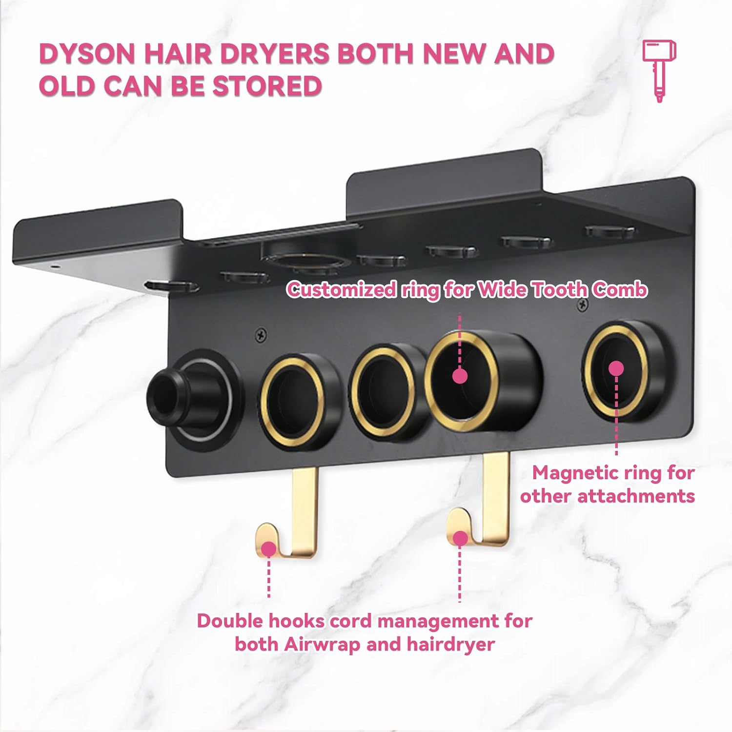 Wall Mount Holder for Dyson Airwrap Styler & HD16 Hair Dryer, 2-in-1 Curling Iron Organizer with Hooks, Magnetic Storage Rack for Accessories Nozzles Barrels Brushes