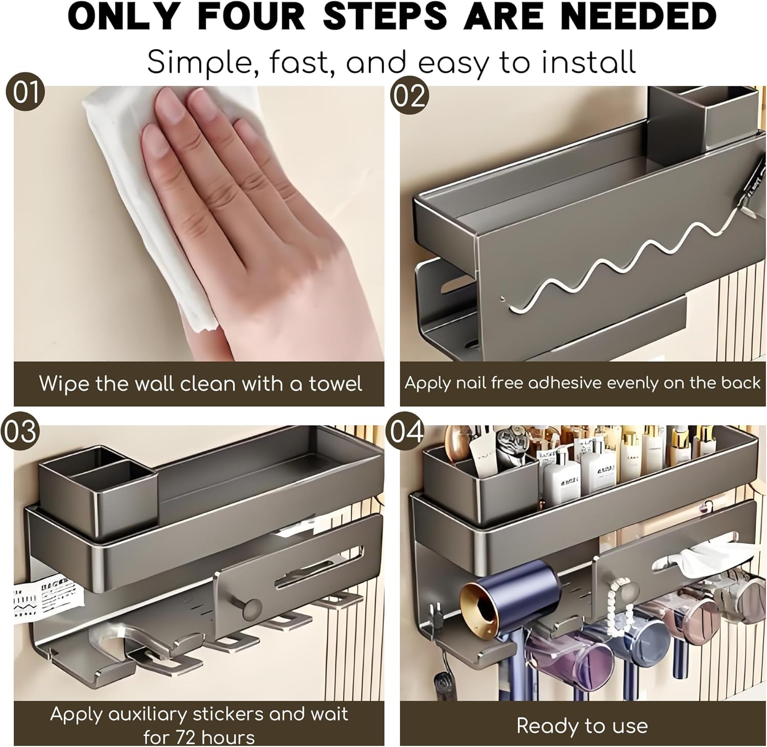 Wall Mounted Bathroom Organizer Shelf with Hair Dryer Holder – Aluminum Alloy Storage Rack for Makeup, Skincare, and Toiletries – No Drilling, Rustproof, Modern Design