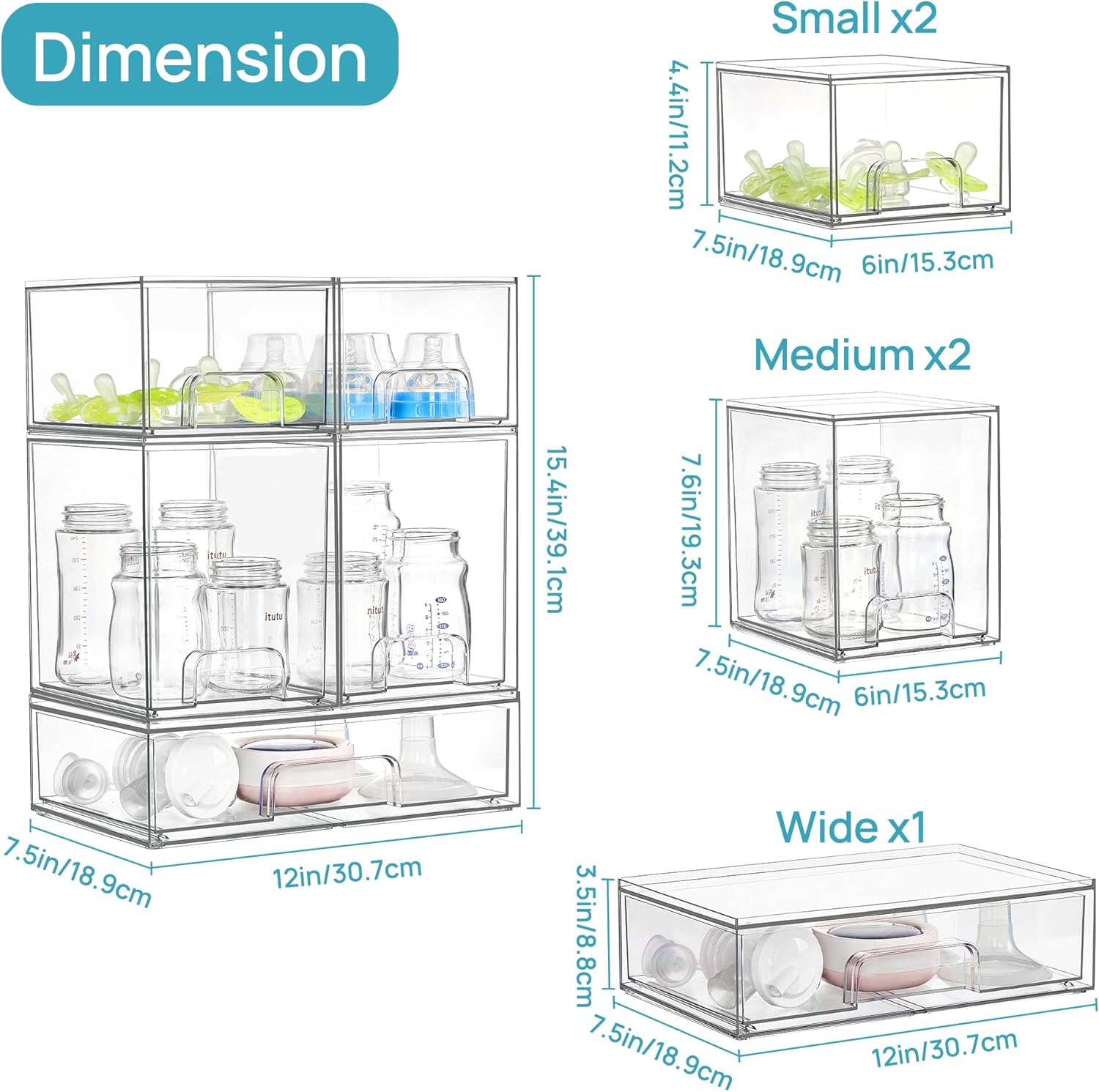 Vtopmart Stackable Storage Drawers Set of 5, Clear Plastic Organizer Bins for Baby Bottle, Beauty Supplies Storage, Ideal for Kichen Countertop, Vanity, Bathroom, Cabinet, Pantry Organization