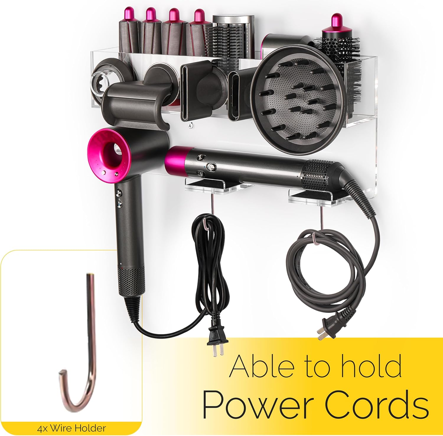 Luxurious Acrylic Wall Mount Airwrap Holder with Power Cables Holding Ability – Sturdy Magnetic Storage Rack Compatible for Dyson Air wrap, Wand Barrels Brushes, Diffuser Nozzles