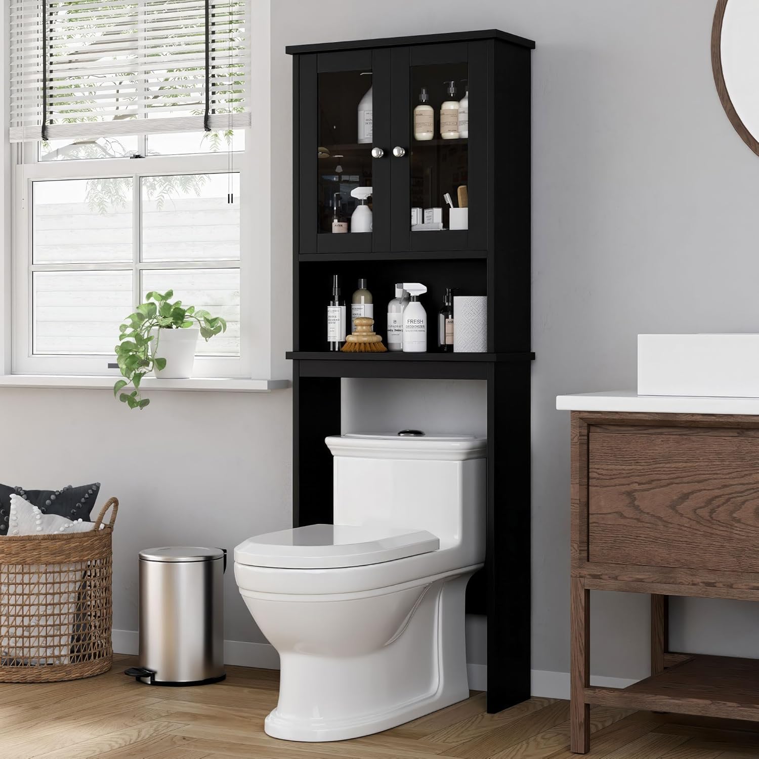 Shintenchi Over The Toilet Storage Cabinet, Bathroom Shelf Organizer with Anti-Tip Device Small Freestanding Space Saver with Adjustable Shelf，White