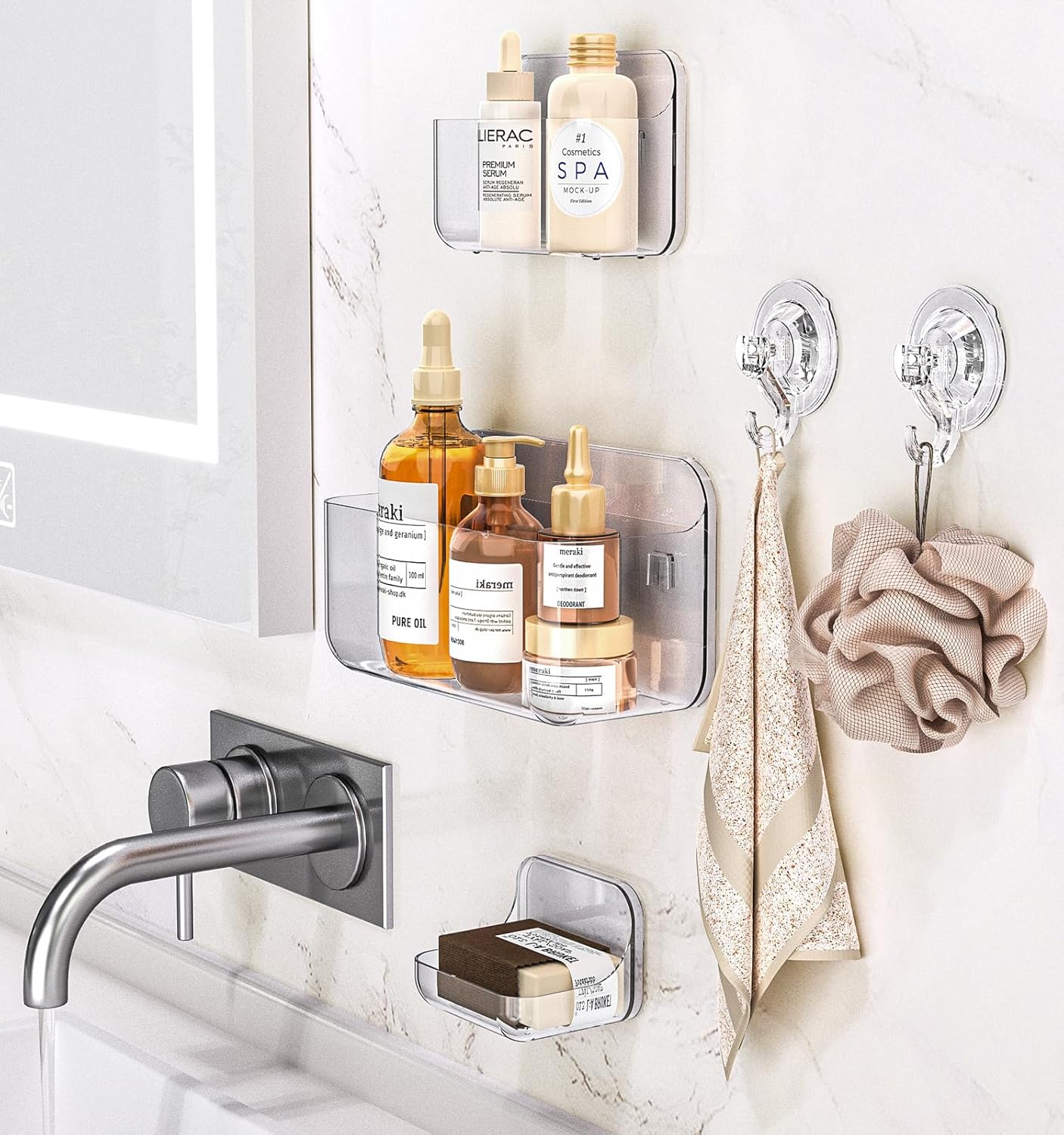 Shower Shelves, 5 Pack Adhesive Clear Acrylic Bathroom Shower Organizer Caddy, Transparent No Drilling Wall Mount Bathroom Storage with Soap Holder and Hooks