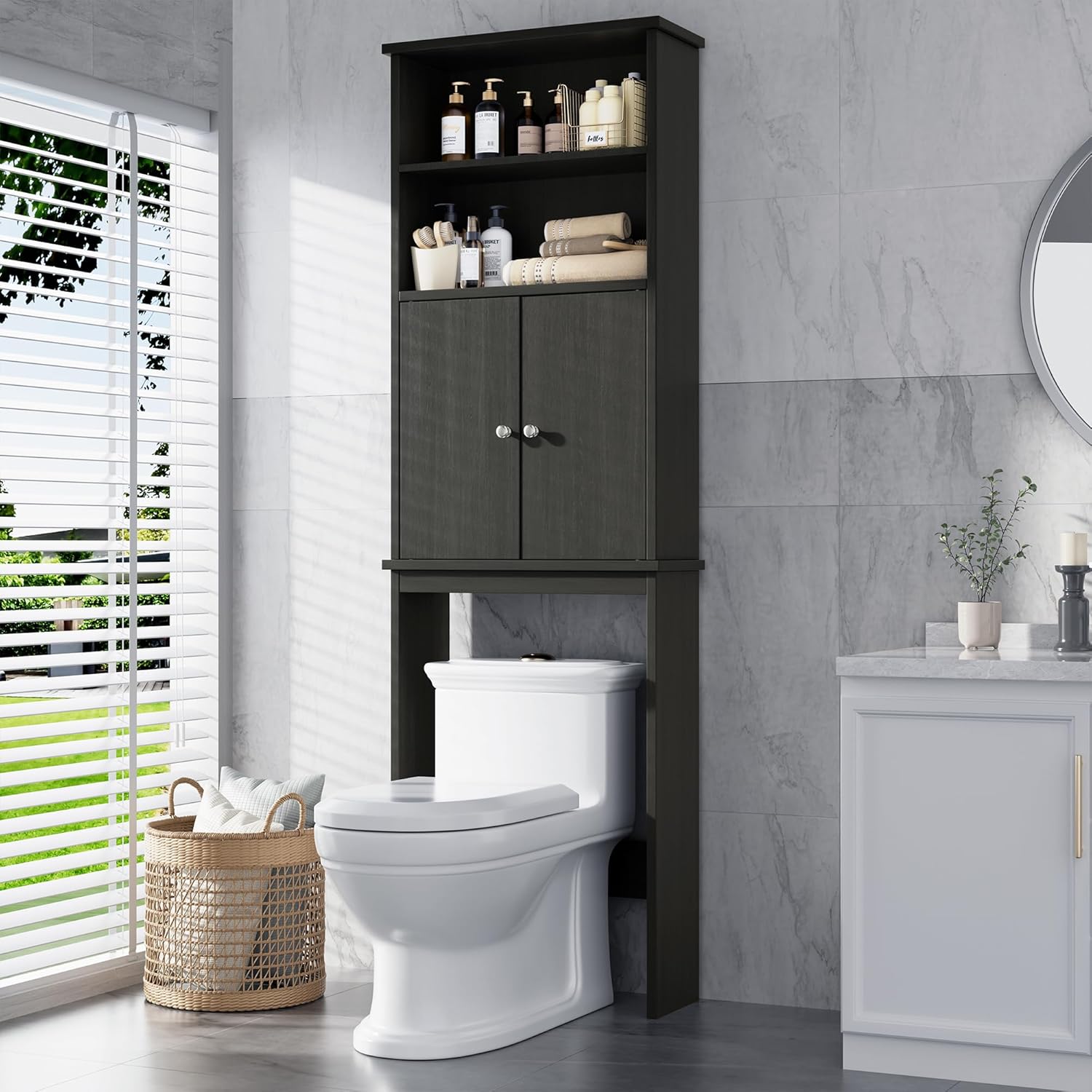 Meilocar Over The Toilet Storage Cabinet, Bathroom Storage Organizer Over Toilet, Space Saver W/Adjustable Shelf & Open Shelf, White