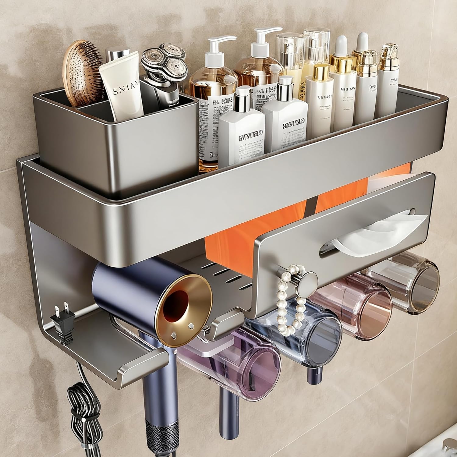 Wall Mounted Bathroom Organizer Shelf with Hair Dryer Holder – Aluminum Alloy Storage Rack for Makeup, Skincare, and Toiletries – No Drilling, Rustproof, Modern Design