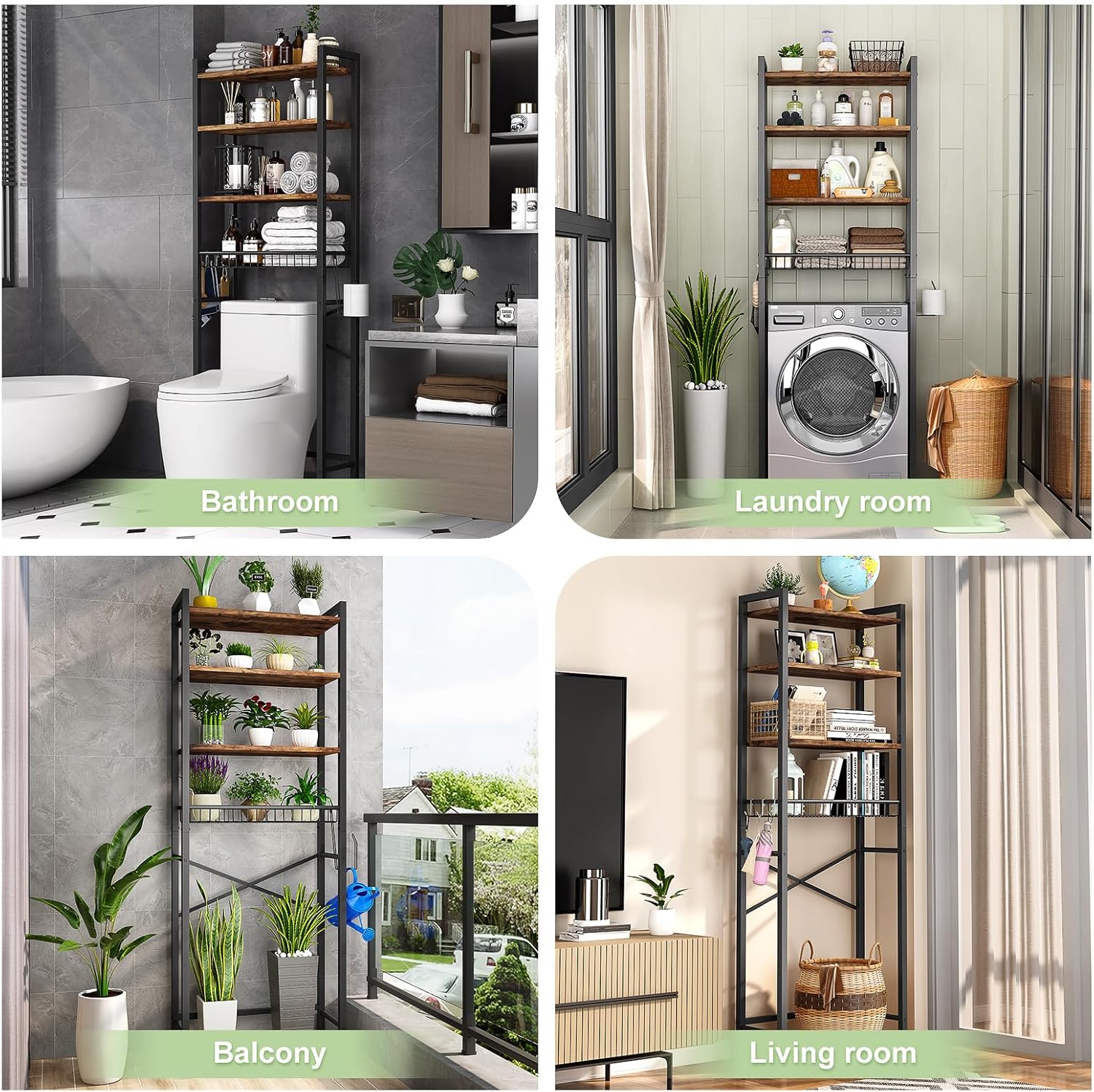 Over-The-Toilet Storage Rack, 4-Tier Bathroom Organizer Shelf Over Toilet with Adjustable Shelf and Basket, Freestanding Space Saver Bathroom Shelves Above Toilet for Room (Vintage Brown)