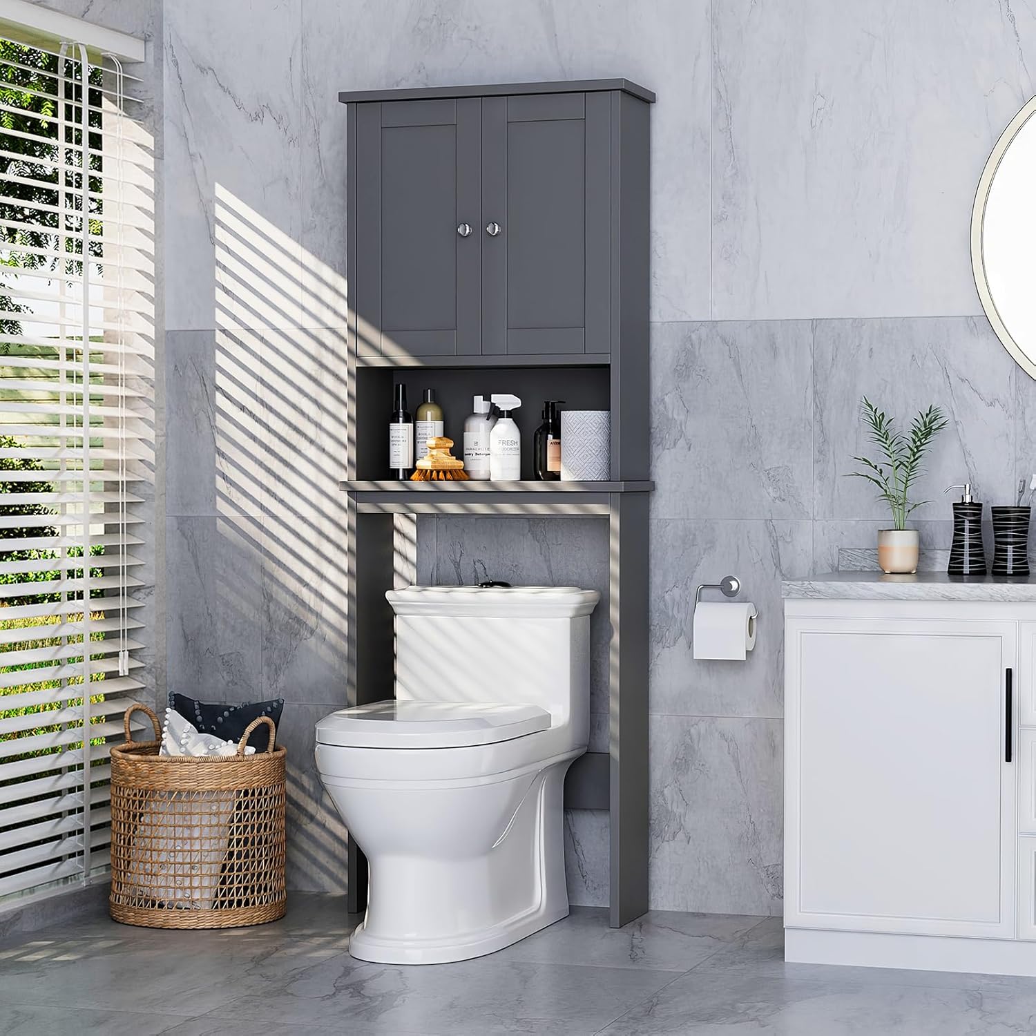 Meilocar Over The Toilet Storage Cabinet, Bathroom Storage Organizer Over Toilet, Space Saver W/Adjustable Shelf & Open Shelf, White