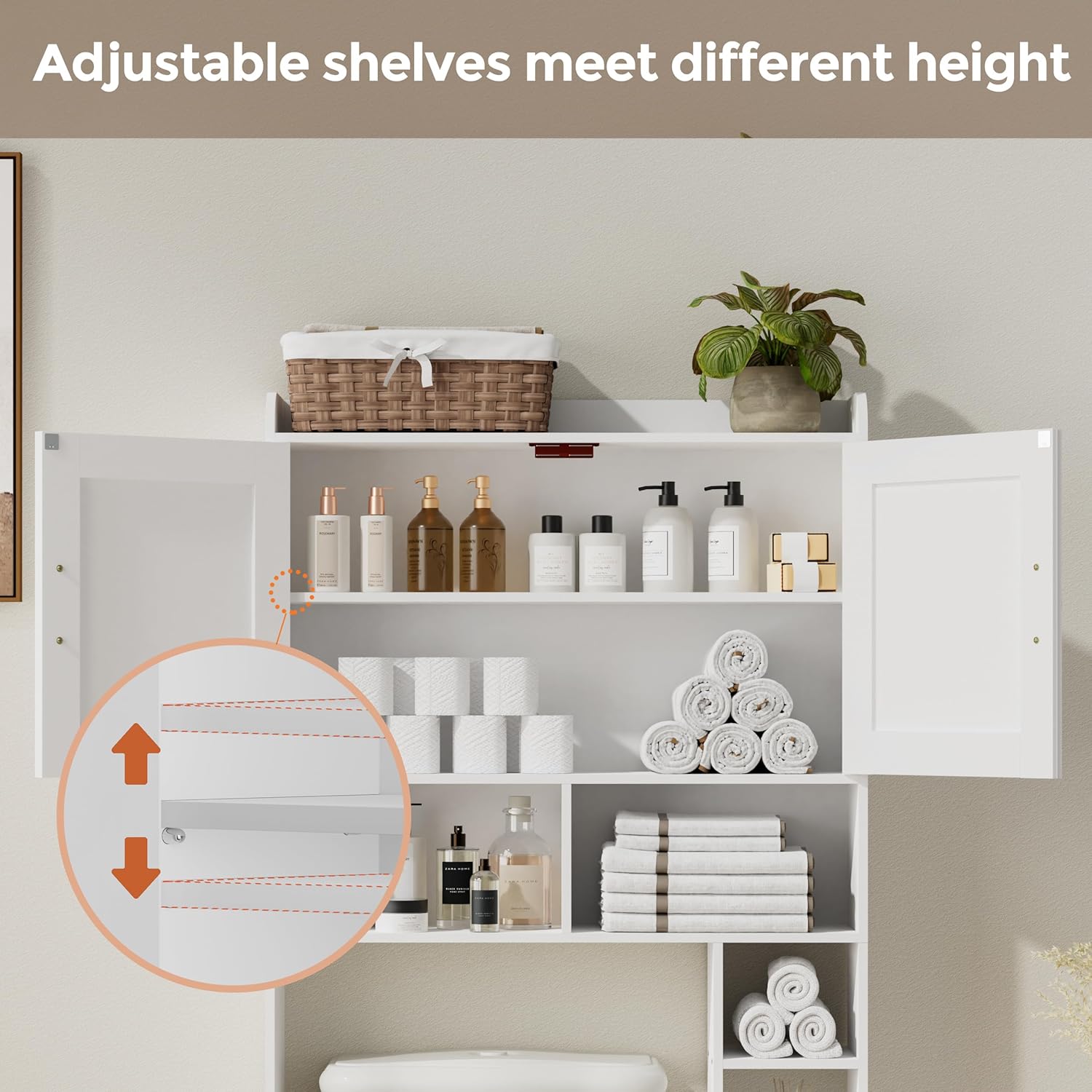 Homhedy Over The Toilet Storage Cabinet with 2 Barn Door and Toilet Paper Holder Stand, FreeStanding Toilet Shelf Space Saver, for Bathroom, Restroom, Laundry, White