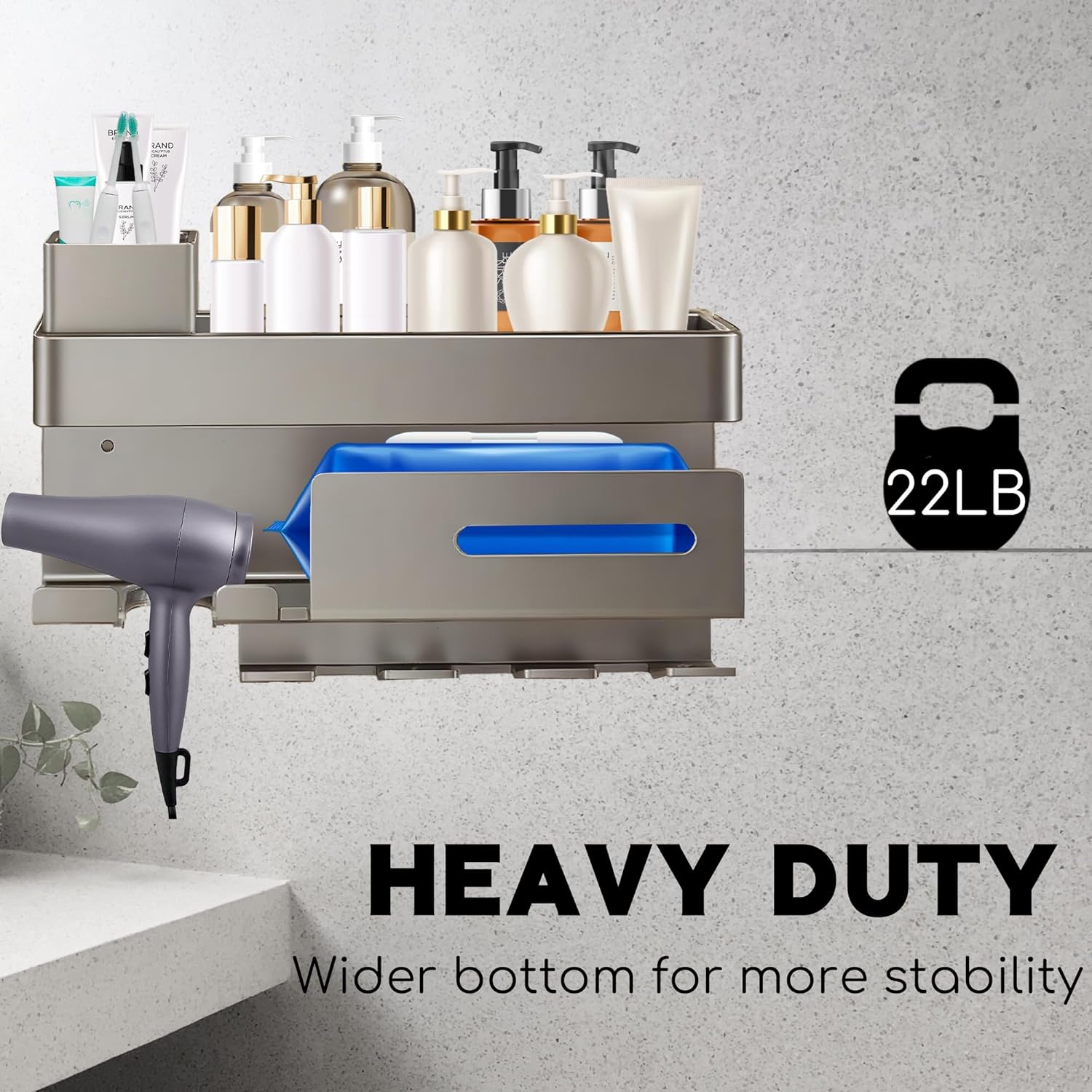 Wall Mounted Bathroom Organizer Shelf with Hair Dryer Holder – Aluminum Alloy Storage Rack for Makeup, Skincare, and Toiletries – No Drilling, Rustproof, Modern Design