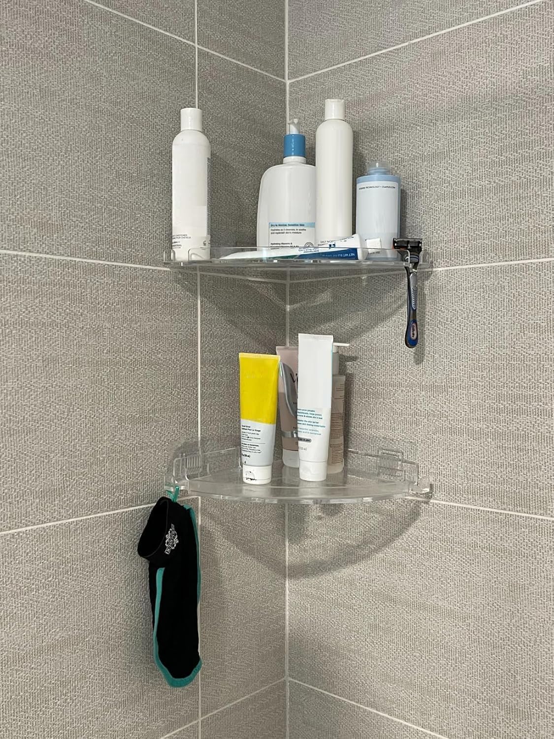 JiePai Acrylic Corner Shower Caddy Shelf with Hooks 2 Pack, Adhesive Wall Mounted Bathroom Shower Organizer for Inside Shower & Kitchen Storage, Space-Saving Design