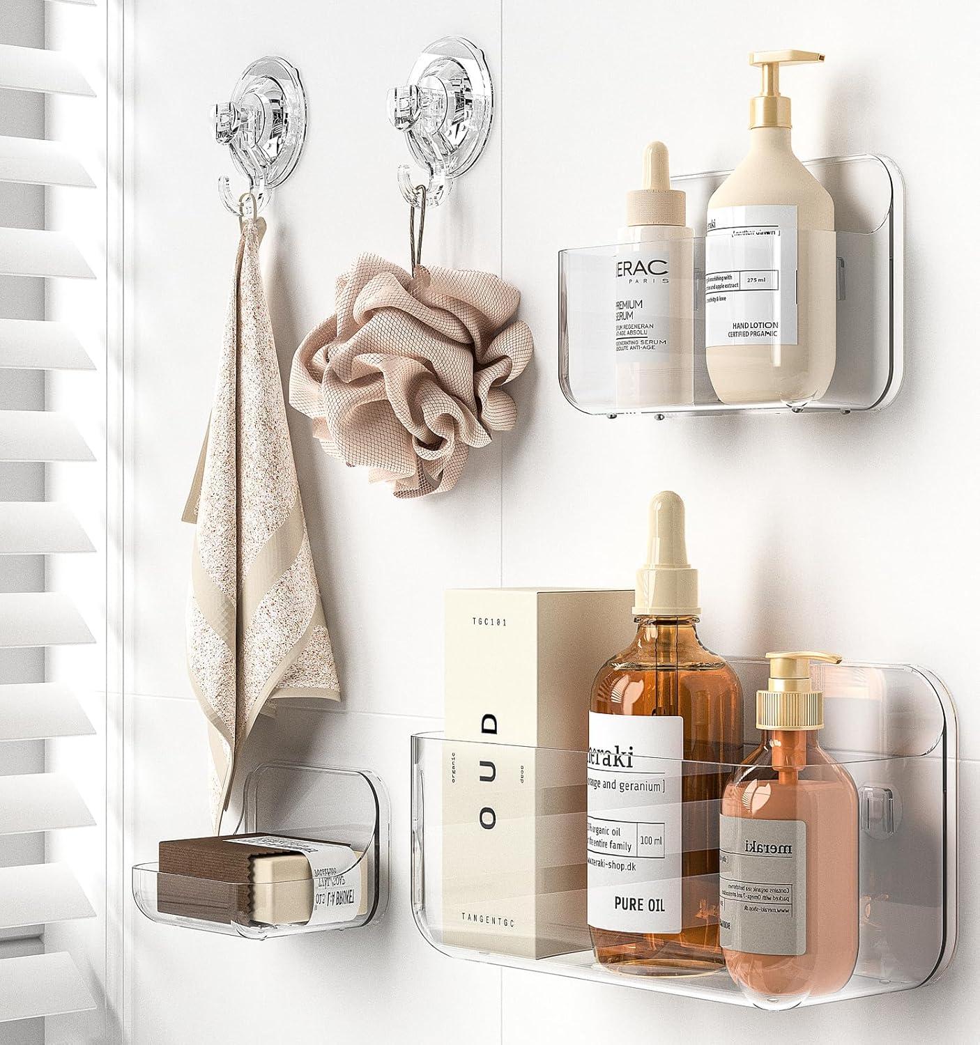 Shower Shelves, 5 Pack Adhesive Clear Acrylic Bathroom Shower Organizer Caddy, Transparent No Drilling Wall Mount Bathroom Storage with Soap Holder and Hooks