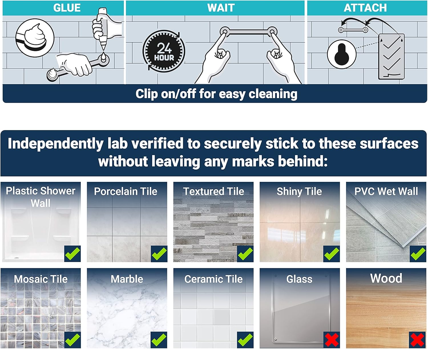 ShowerGem Easy Clean Shower Caddy, 2 Pack Durable Rustproof Bath Organizer, No Suction Cups, No Screws, Wall Mounted Adjustable Shower Rack, Acrylic Shelves As Seen On Instagram