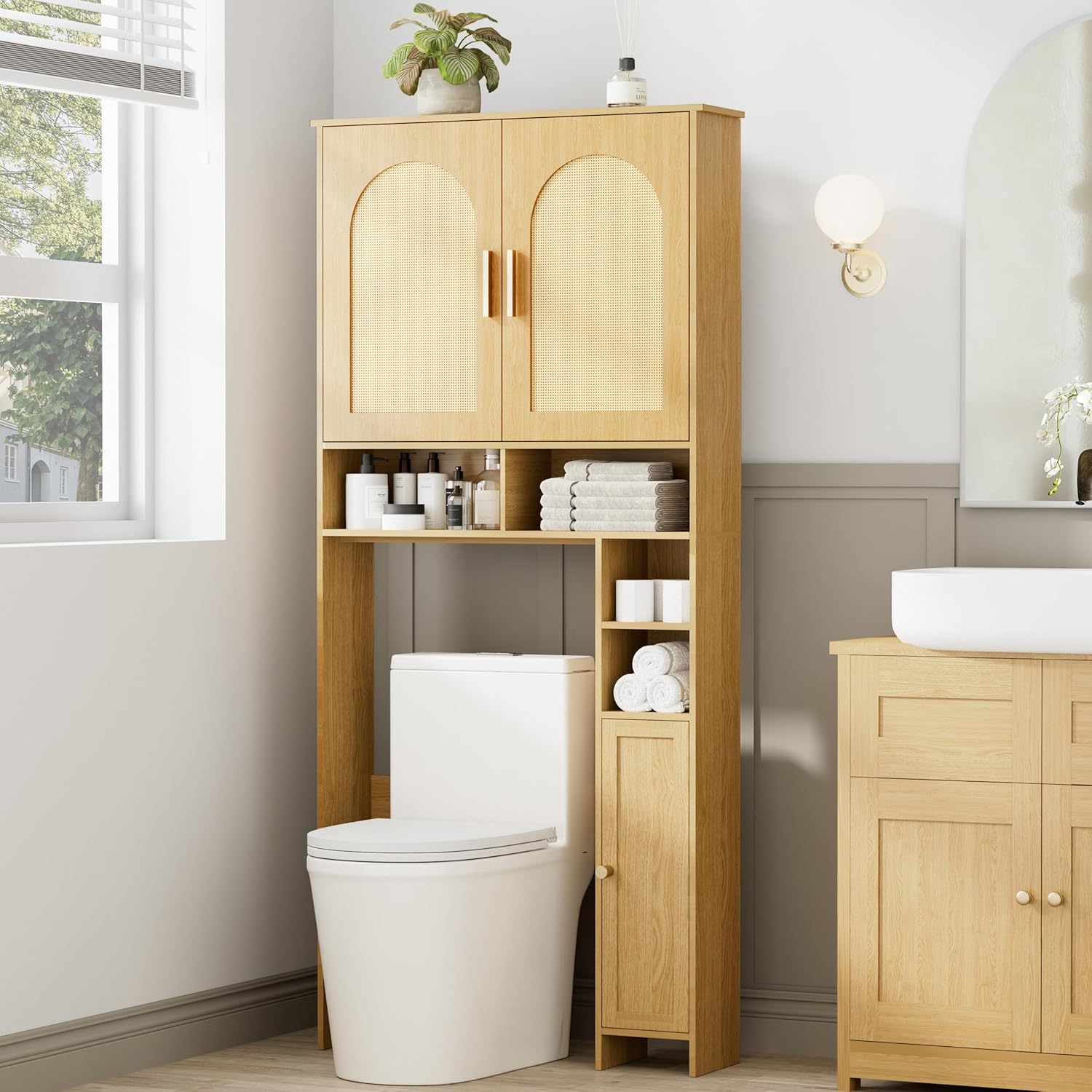 Homhedy Over The Toilet Storage Cabinet with 2 Barn Door and Toilet Paper Holder Stand, FreeStanding Toilet Shelf Space Saver, for Bathroom, Restroom, Laundry, White