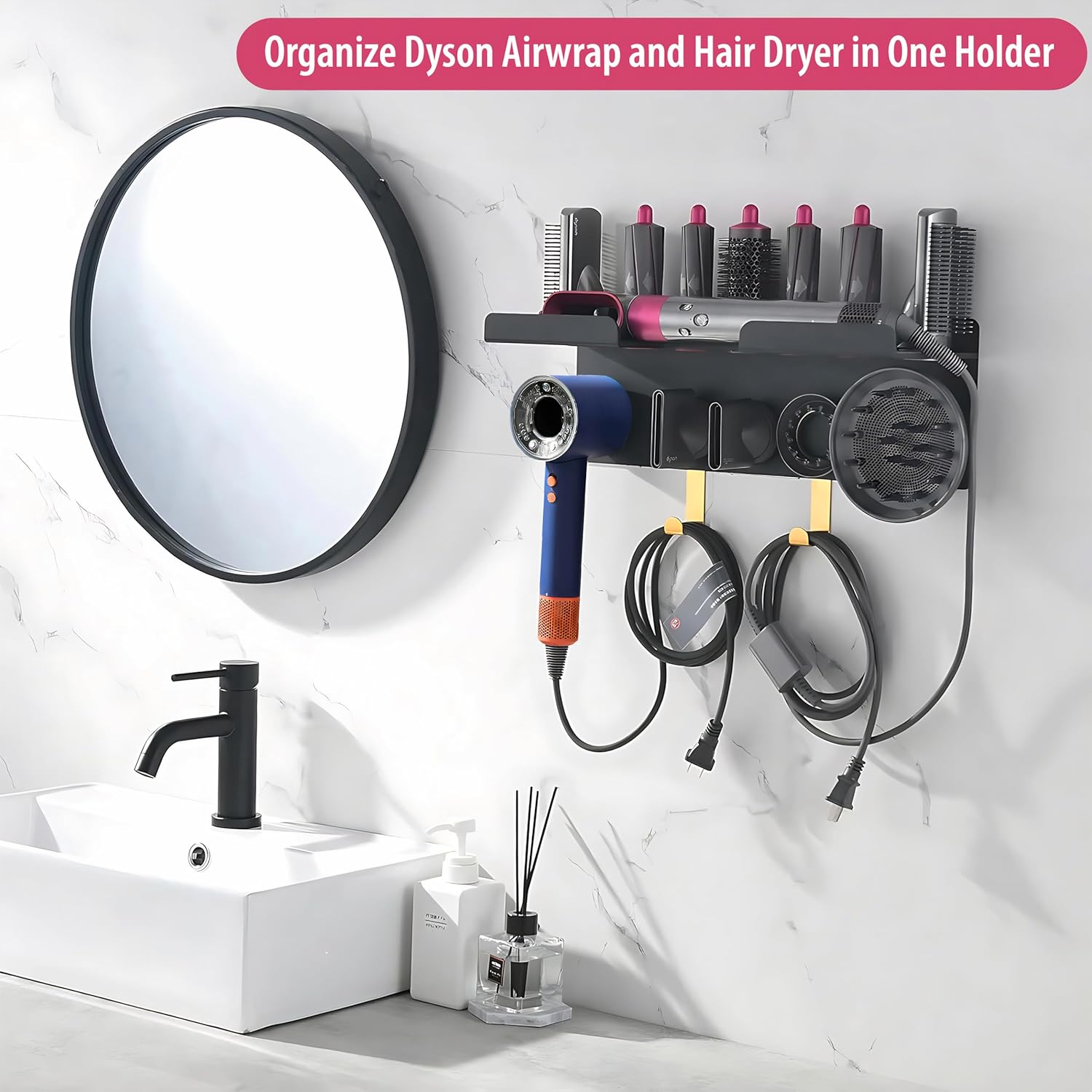 Upgraded 2-in-1 Holder Compatible with Dyson Airwrap and Hair Dryer, Suitable for Both Nural and Supersonic Models, Wall Mounted Stand to Organize Airwrap and Hair Dryer Attachments